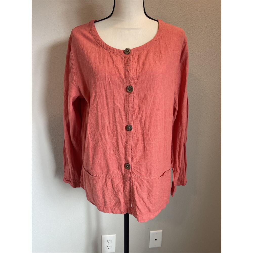 Vintage White Stag Coral Linen Rayon Blend Button-up Top Long Sleeve Sz Large